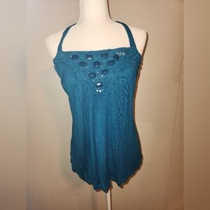 Y2K Crochet and Jeweled Dark Teal Blue Charlotte Russe halter Top Medium M